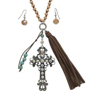 AB Iridescent Rhinestone Cross Tassel Necklace Set